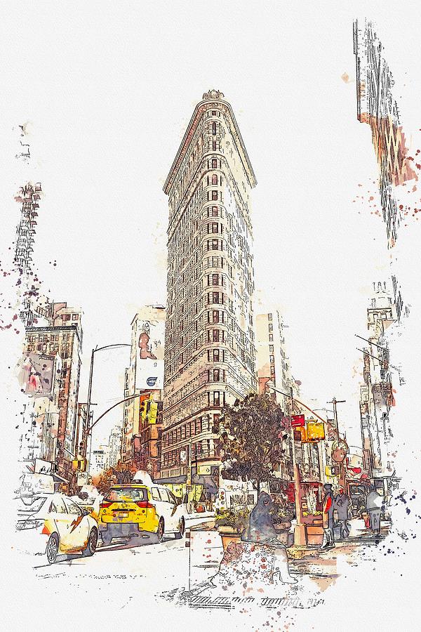 Flat Iron, New York, Etats-Unis -  watercolor by Adam Asar Painting by Celestial Images