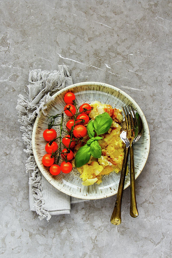 Flat-lay Of Fried Potato In Plate Over Grey Concrete Table Background Photograph by Yuliya Gontar