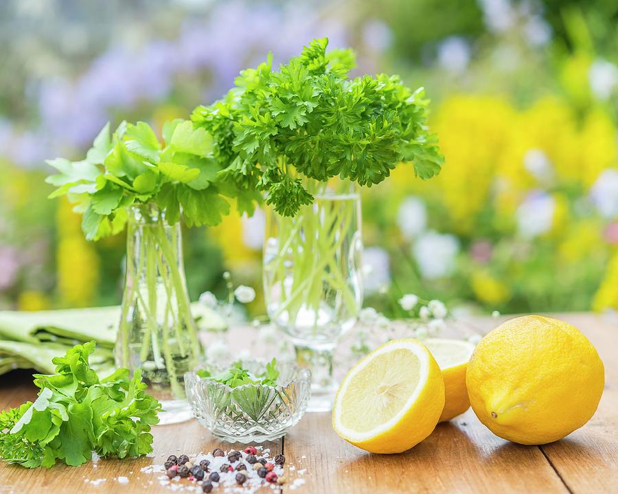 Flat-leaf And Curly-leaf Parsley In Glasses With Lemons And Spices In The Foreground Photograph by The Studio Collection