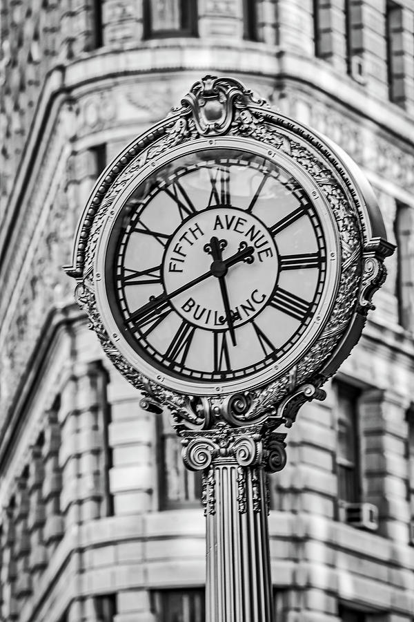 Flatiron and Fifth Ave Clock NYC BW Photograph by Susan Candelario