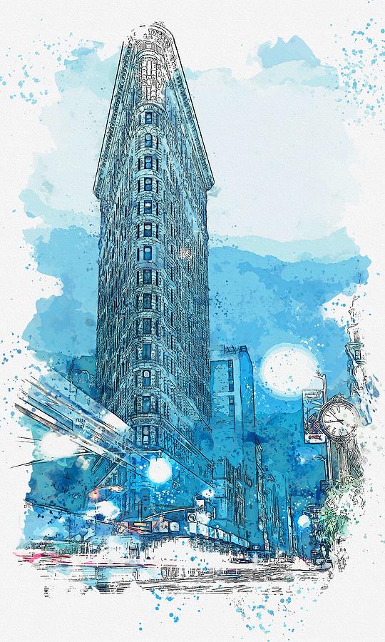 Flatiron Building in the winter, NY -  watercolor by Adam Asar Painting by Celestial Images