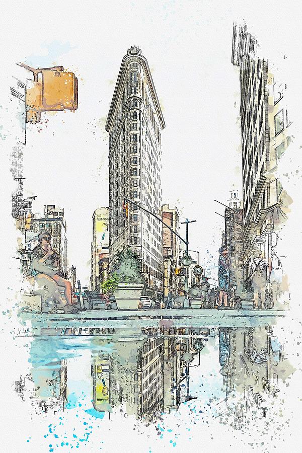 Flatiron Building, New York, United States -  watercolor by Adam Asar Painting by Celestial Images