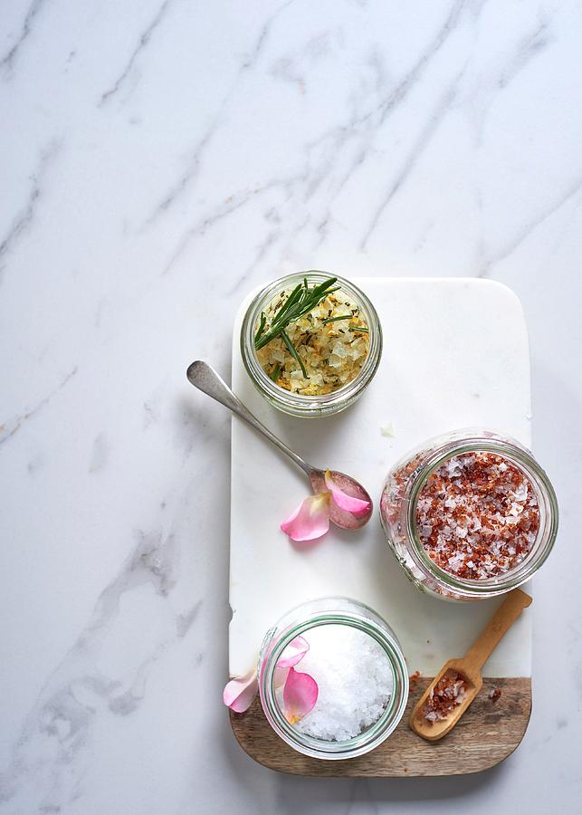 Flavoured Salts: Rosemary And Orange Salt, Bacon Salt And Rose Salt Photograph by Great Stock!
