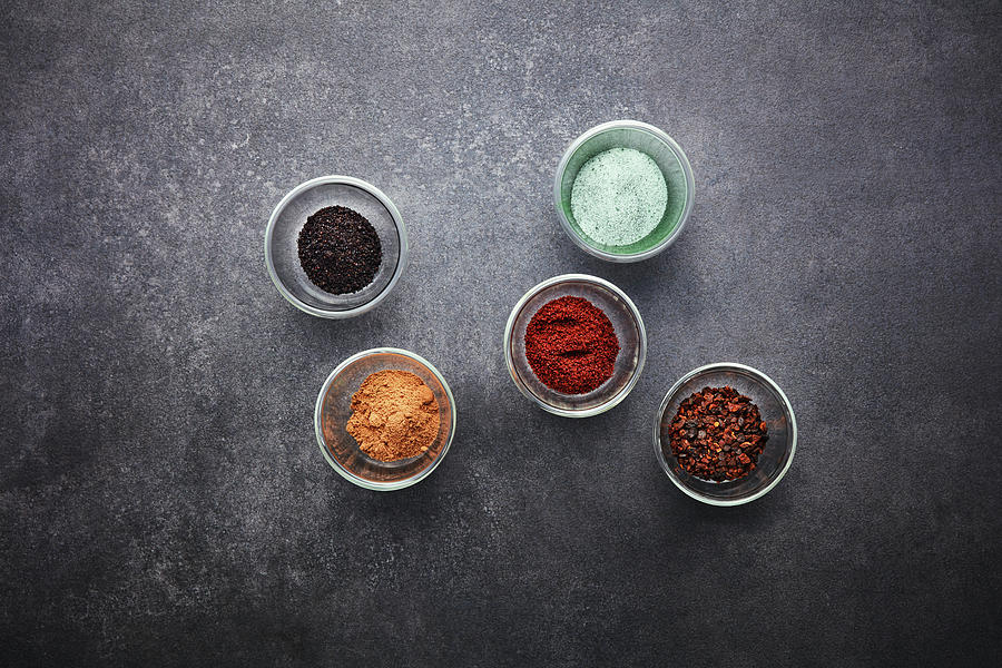 Flavoured Salts  With Figs, Coffee, Algae, Umami And Chicory Granulate Photograph by Tre Torri