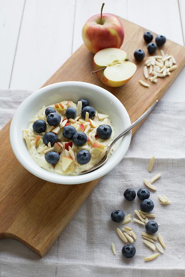 Flax Seed Oil Cream With Apples, Blueberries And Slivered Almonds Photograph by Claudia Timmann