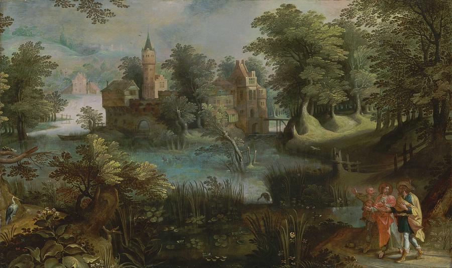 Flemish School, 17th Century A Wooded Landscape With Christ On The Road To Emmaus Painting