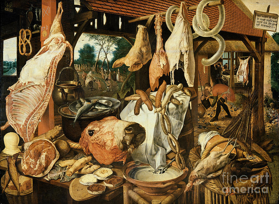 Flight Into Egypt, The Meat Market, 1551 Painting by Pieter Aertsen