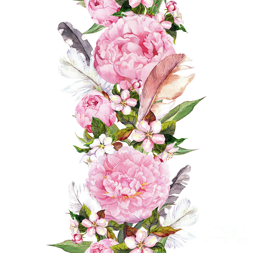 Floral Border With Pink Peony Flowers by Zzorik