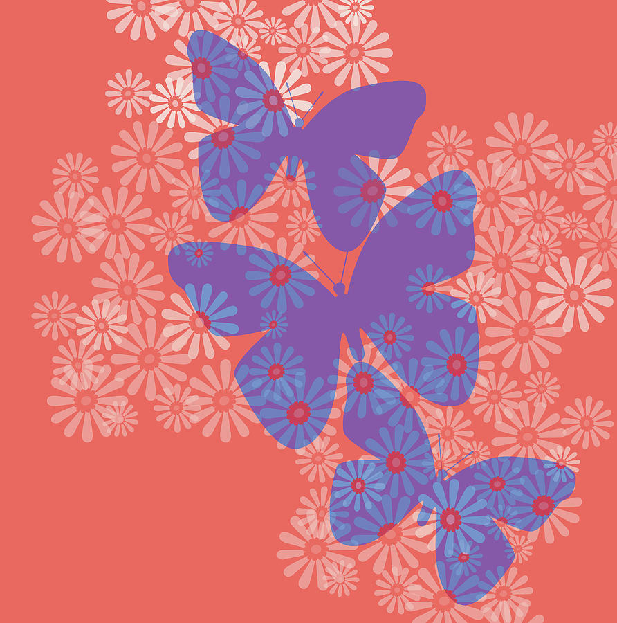 Floral Butterflies in Purple and Liiving Coral Digital Art by Marianne Campolongo
