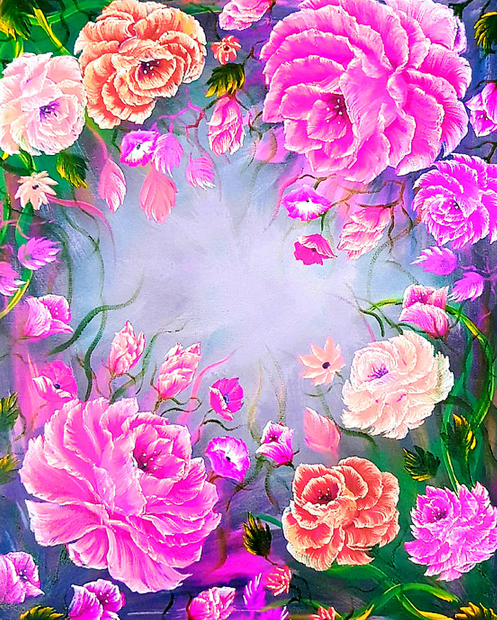 Floral enchanting roses glowing pink lilac  Painting by Angela Whitehouse