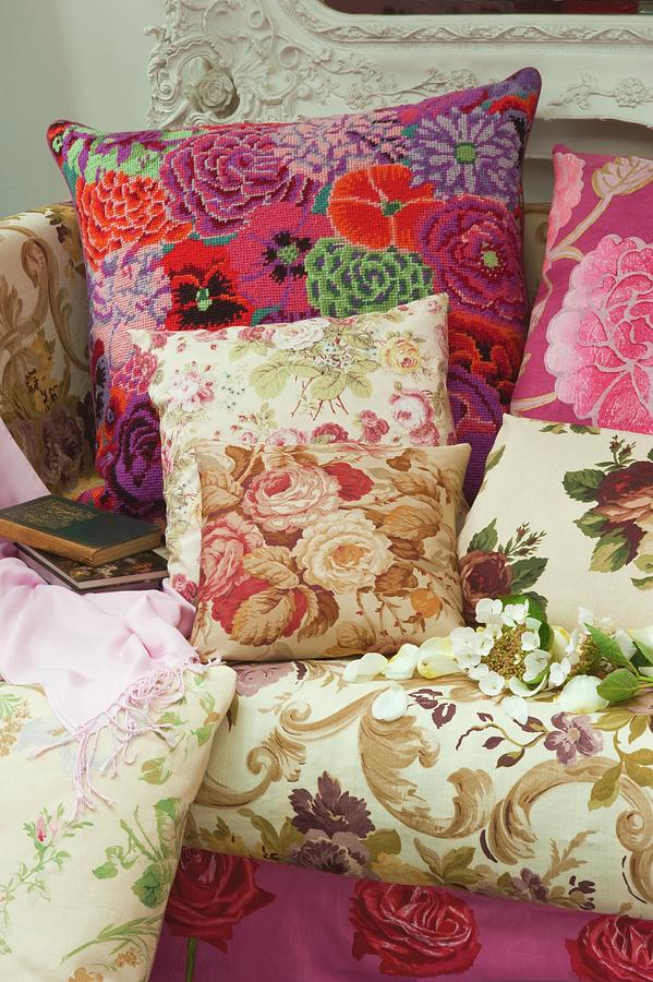 Floral-patterned Cushions On Upholstered Couch Photograph by Linda Burgess