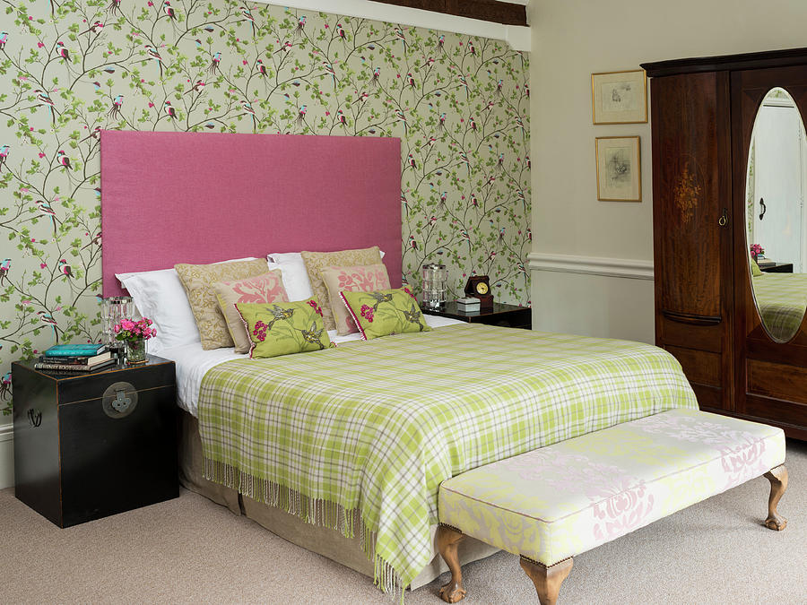 Floral Wallpaper In Romantic Bedroom In Shades Of Green And Pink Photograph by Brian Harrison