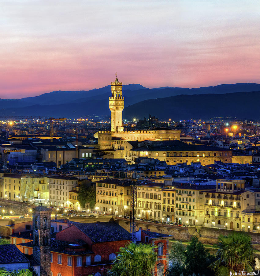 Florence at dusk Triptych 2 - Palazzo Vecchio Photograph by Weston Westmoreland