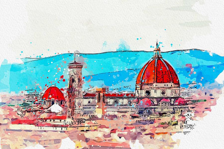 Florence Italy City Urban Skyline Buildings, by Adam Asar, watercolor c2019 Painting by Celestial Images