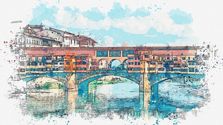 Florence or Firenze, a view of the Arno River and the Ponte Vecchio Bridge, watercolor by Adam Asar Painting by Celestial Images