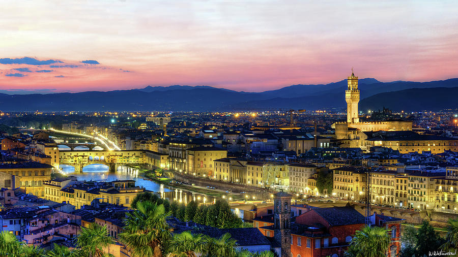 Florence - Ponte Vecchio and Palazzo Vecchio at dusk Photograph by Weston Westmoreland
