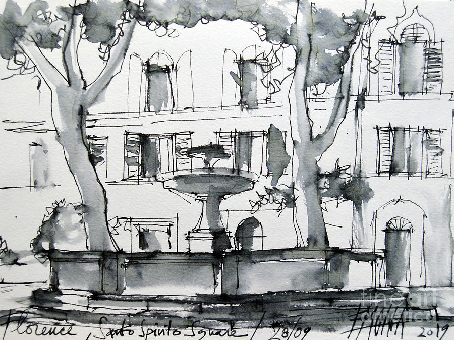 Florence Santo Spirito Ink Sketch by Mona Edulesco Florence Santo Spirito Ink Sketch by Mona Edulesco