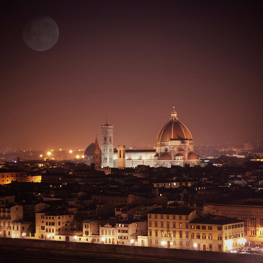 Florence Skyline In Night With Moon Photograph by Franckreporter