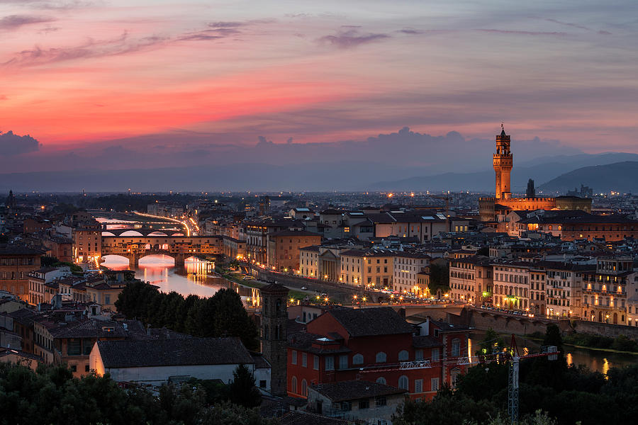 Florence Skyline With Ponte Vecchio Bridge And Torre Di Arnolfo Tower At Sunset, Tuscany Italy Photograph by Bastian Linder