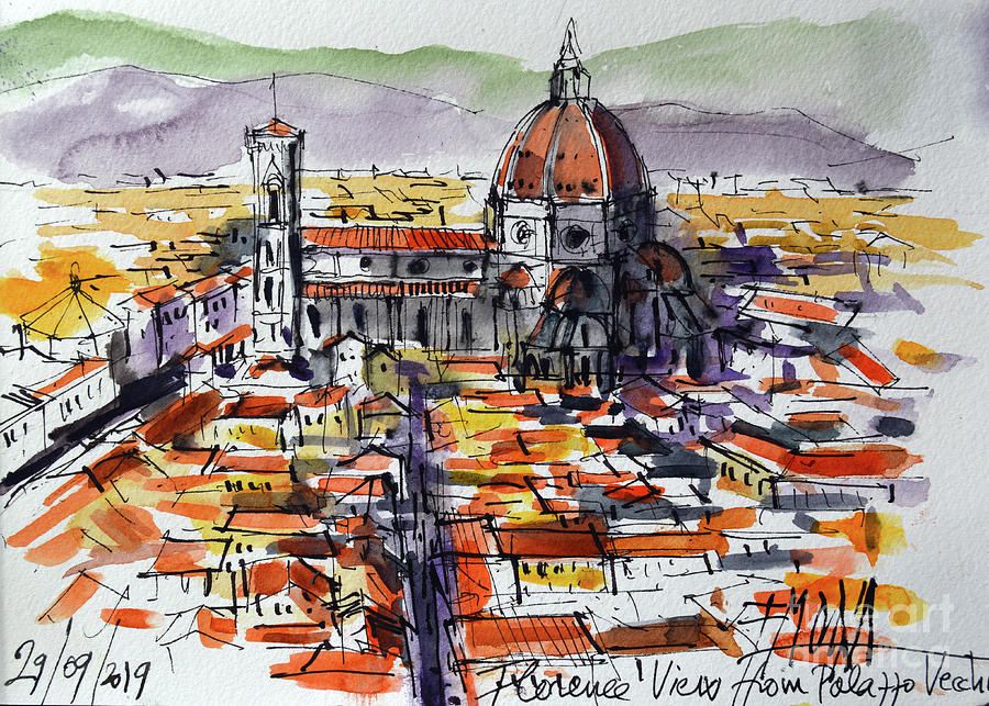 Florence view from Palazzo Vecchio Tower Painting by Mona Edulesco