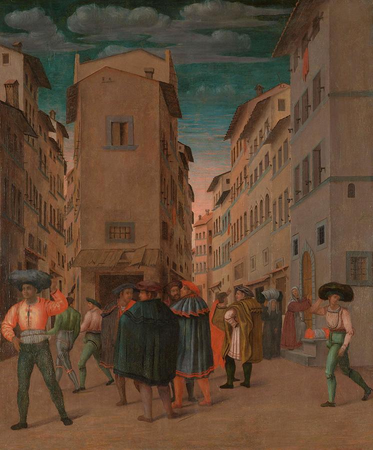 Florentine Street Scene with Twelve Figures -Sheltering the Traveler, one of the Seven Works of M... Painting by Bacchiacca -rejected attribution-