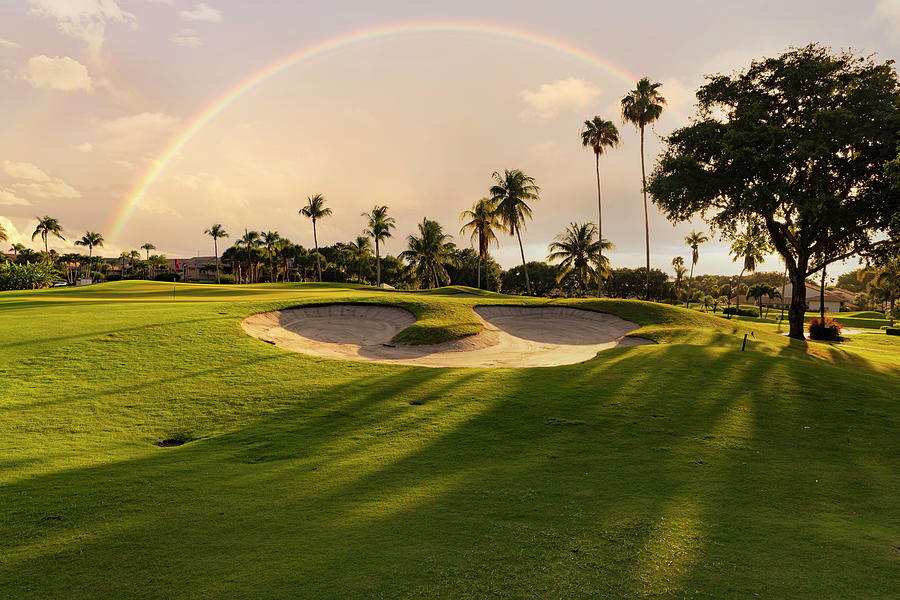 Florida, Boca Raton, Golf Course With Palm Trees & Rainbow Digital Art by Laura Diez