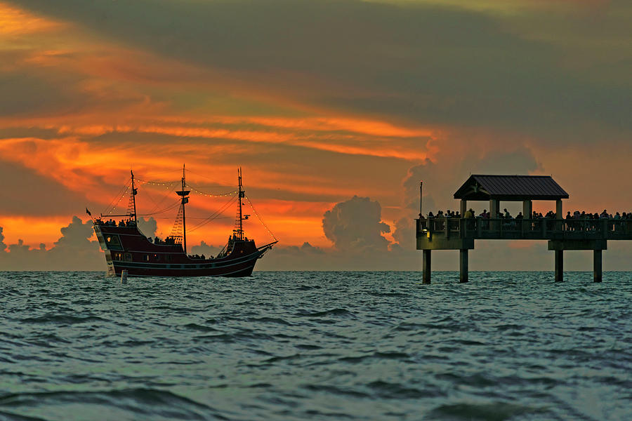 Florida, Clearwater, Captain Memos Pirate Ship With Golden Sky Digital Art by Gabriel Jaime Jimenez