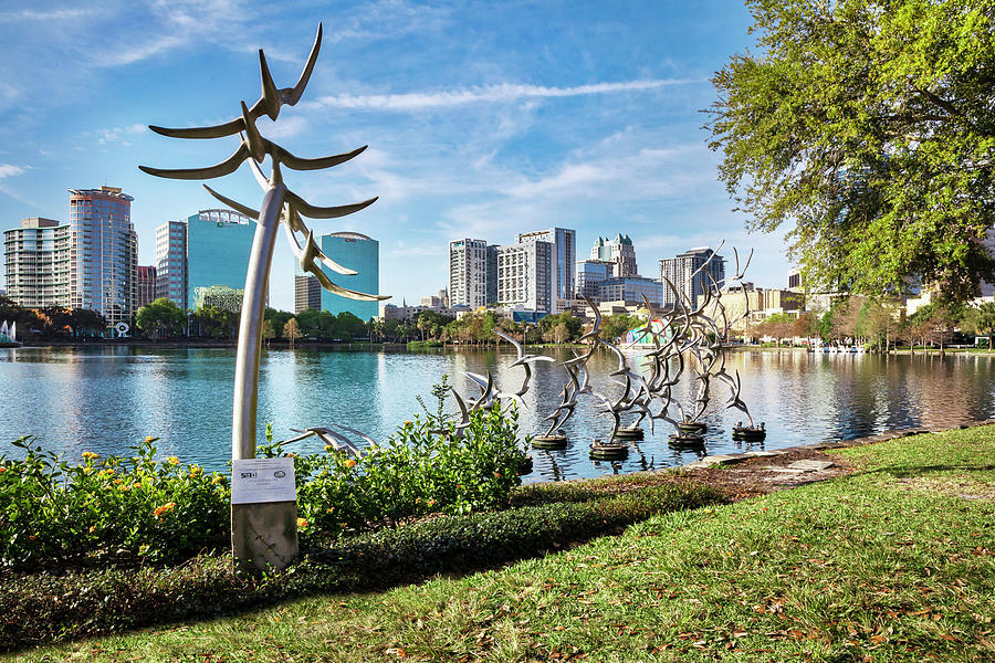Florida, Orlando, Lake Eola And Downtown Views Digital Art by Claudia Uripos