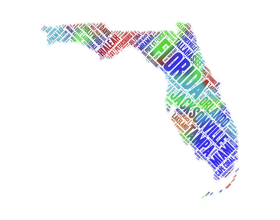 Florida State Word Art Map with Cities Digital Art by Peggy Collins