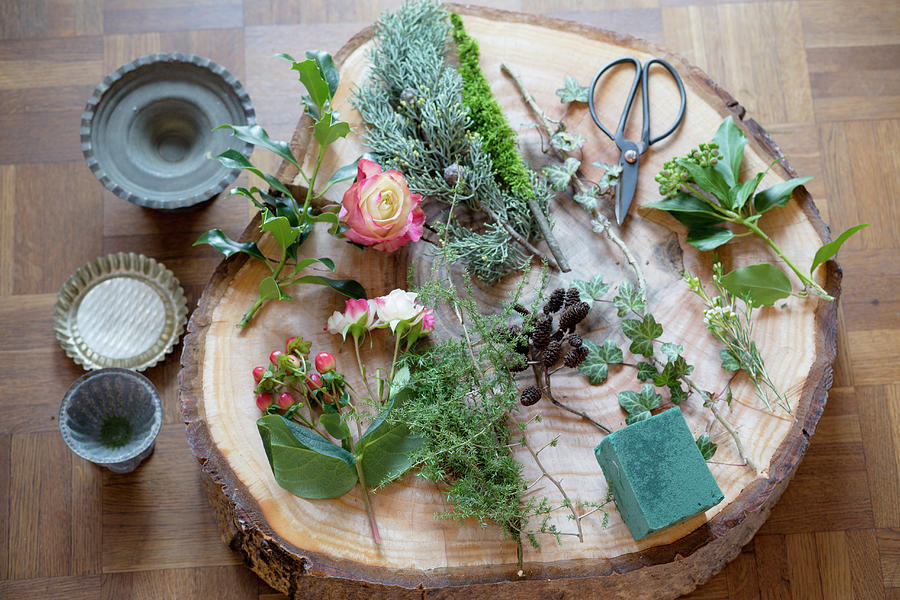 Florists Materials On Slice Of Tree Trunk Photograph by Iris Wolf