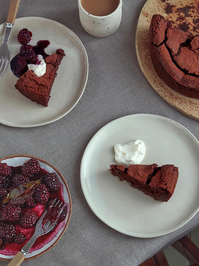 Flourless Chocolate Cake With Wine-roasted Winter Blackberries With Bayleaf Photograph by Lukejalbert