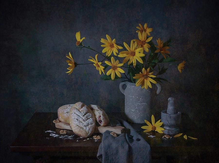 Flower Photograph - Flower & Bread by Fangping Zhou