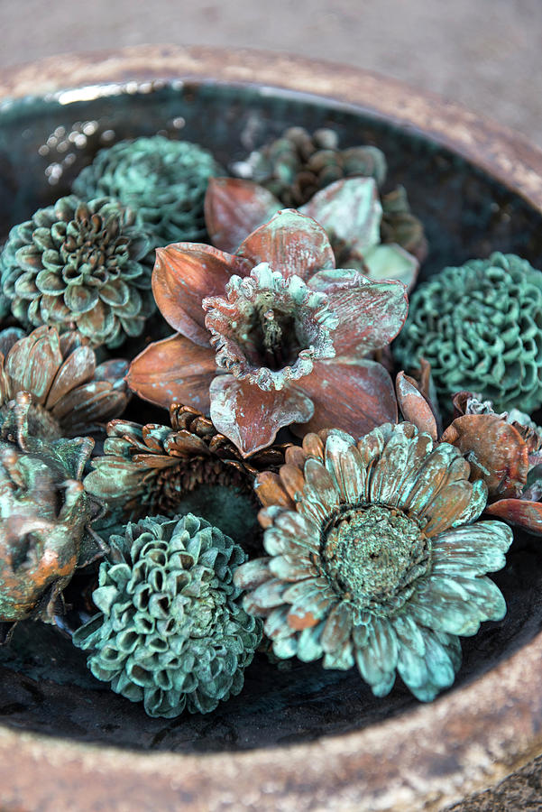 Flowers Still Life Photograph - Flower Arrangement In Shades Of Copper And Verdigris by Magdalena Bjrnsdotter