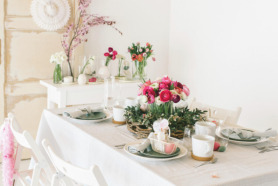 Flower Arrangements On Table Set For Easter Photograph by Katja Heil