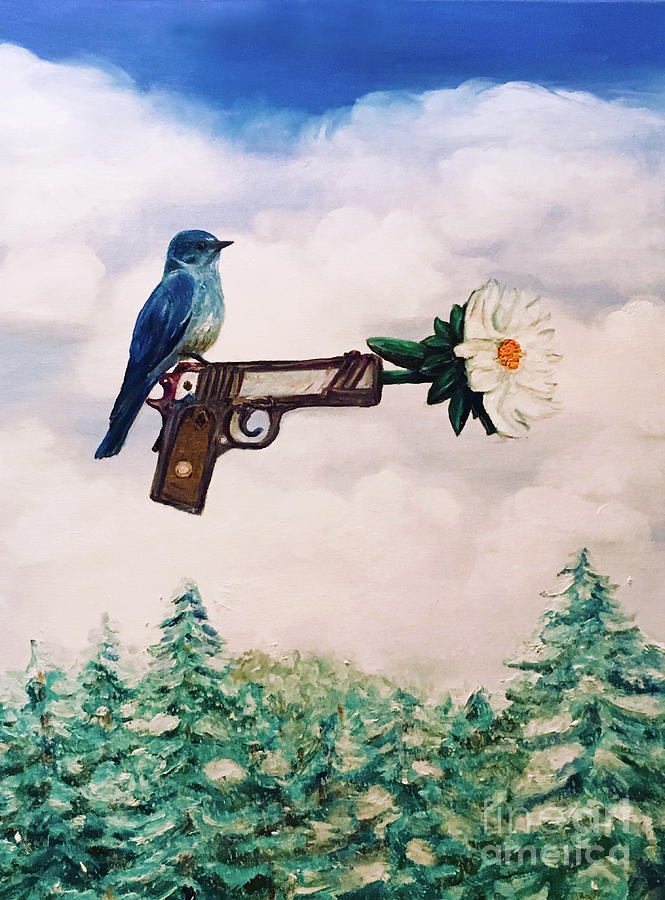 Flower In A Gun- Bluebird Of Happiness Painting