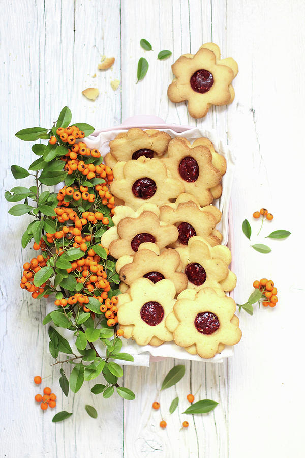 Flower-shaped Biscuits With Raspberry Jam Photograph by Sylvia E.k Photography