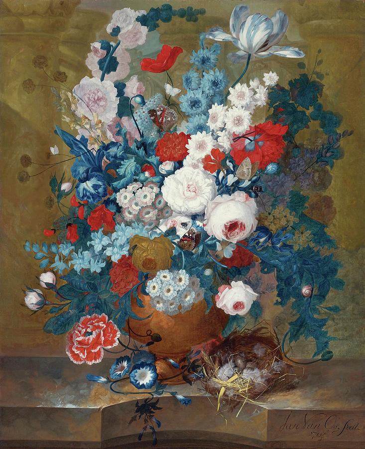 Still Life Painting - Flower Still Life With A Birds Nest On A Ledge by Jan Van Os