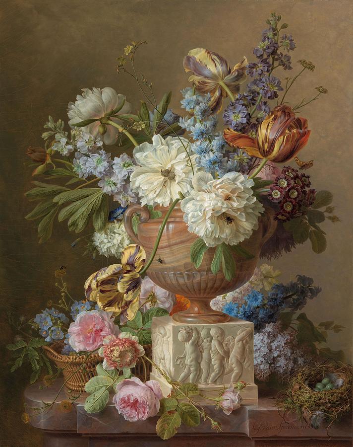 Flower Still-life with an Alabaster Vase. Painting by Gerard van Spaendonck -signed by artist-