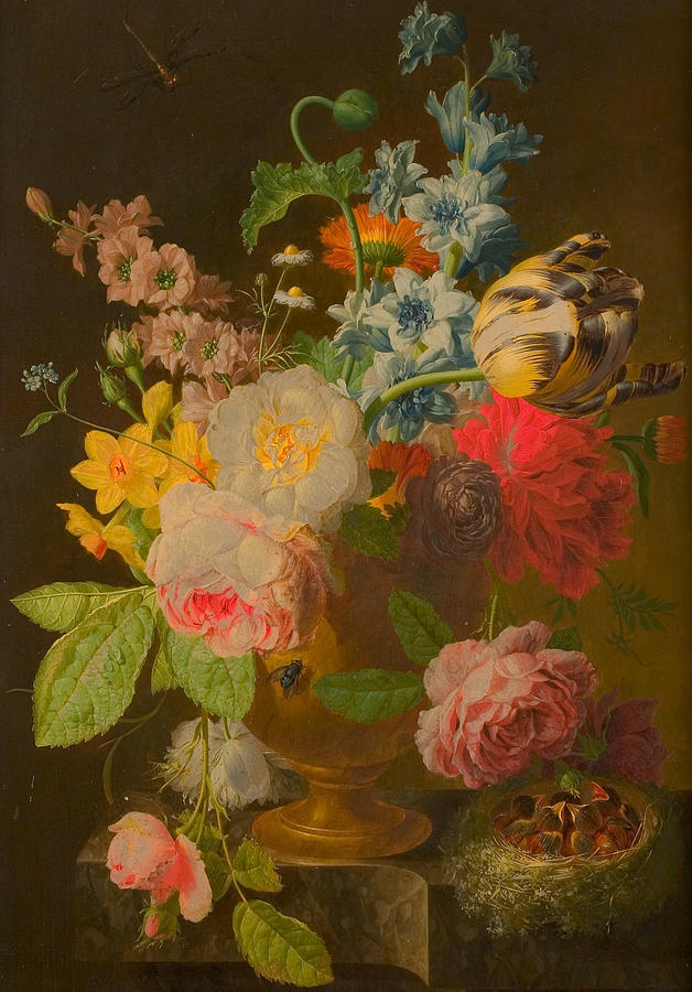 Flower Still Life with Nest of Young Birds Painting by Peter Faes