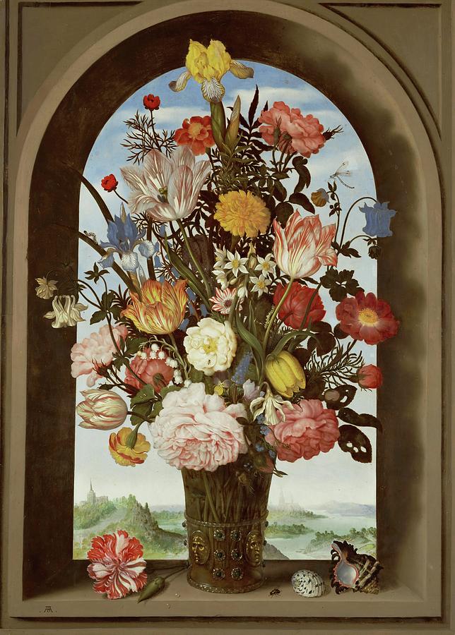 Flower still-life with tulips. Oil on wood -around 1620- 64 x 46 cm. Painting by Ambrosius Bosschaert II -the Elder- Ambrosius Bosschaert II -the Elder-