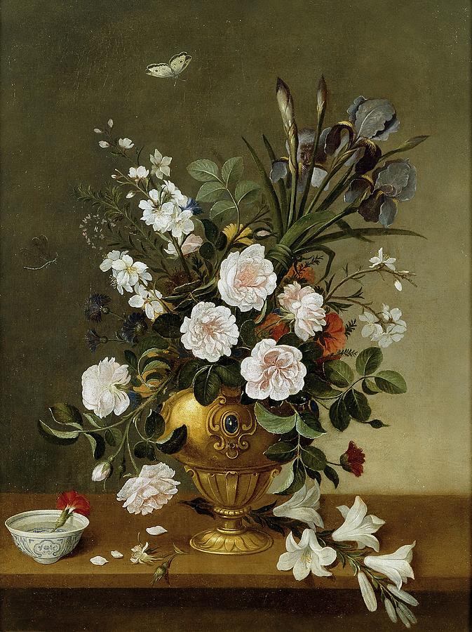 Flower Vase and Ceramic Bowl, 1663, Spanish School, Oil on canvas, 77 cm x 58... Painting by Pedro de Camprobin -1605-1674-