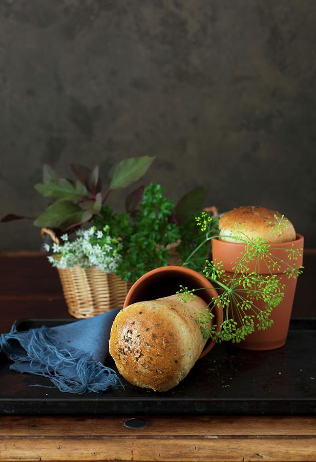 Flowerpot Bread With Garlic And Herbs Photograph by Yelena Strokin