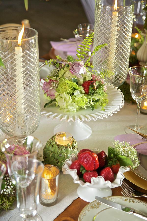 Flowers And Candle Lantern On Festively Set Table Photograph by Andre Baranowski
