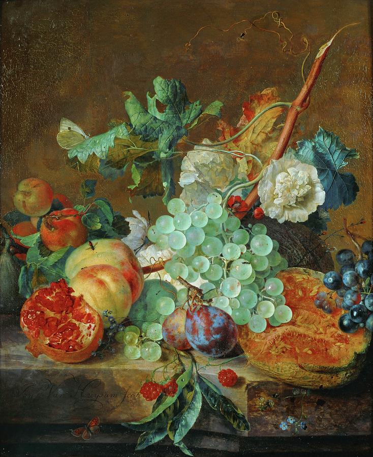 Flowers and fruit. Canvas 32,5 x 40 cm. Painting by Jan Van Huysum Jan Van Huysum
