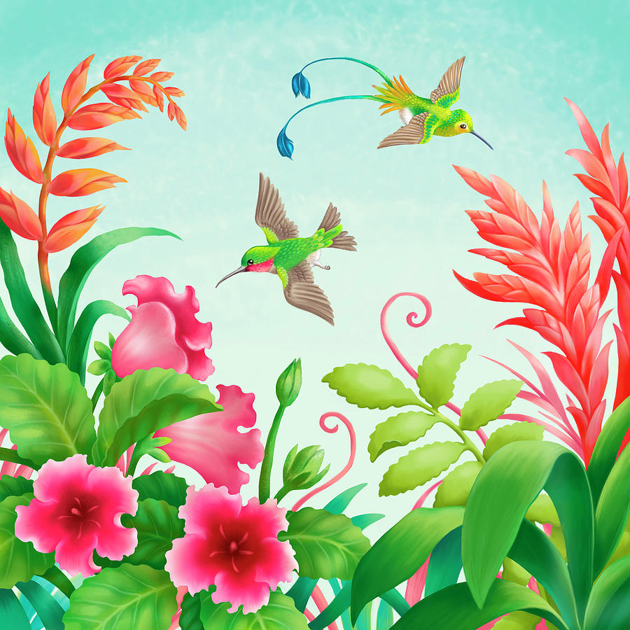 Bird Digital Art - Flowers And Hummingbirds by Olga Kovaleva