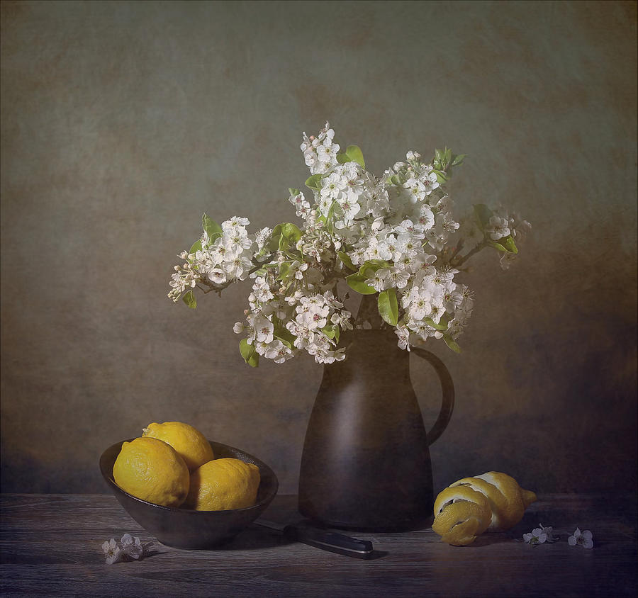 Lemon Photograph - Flowers And Lemons by Fangping Zhou