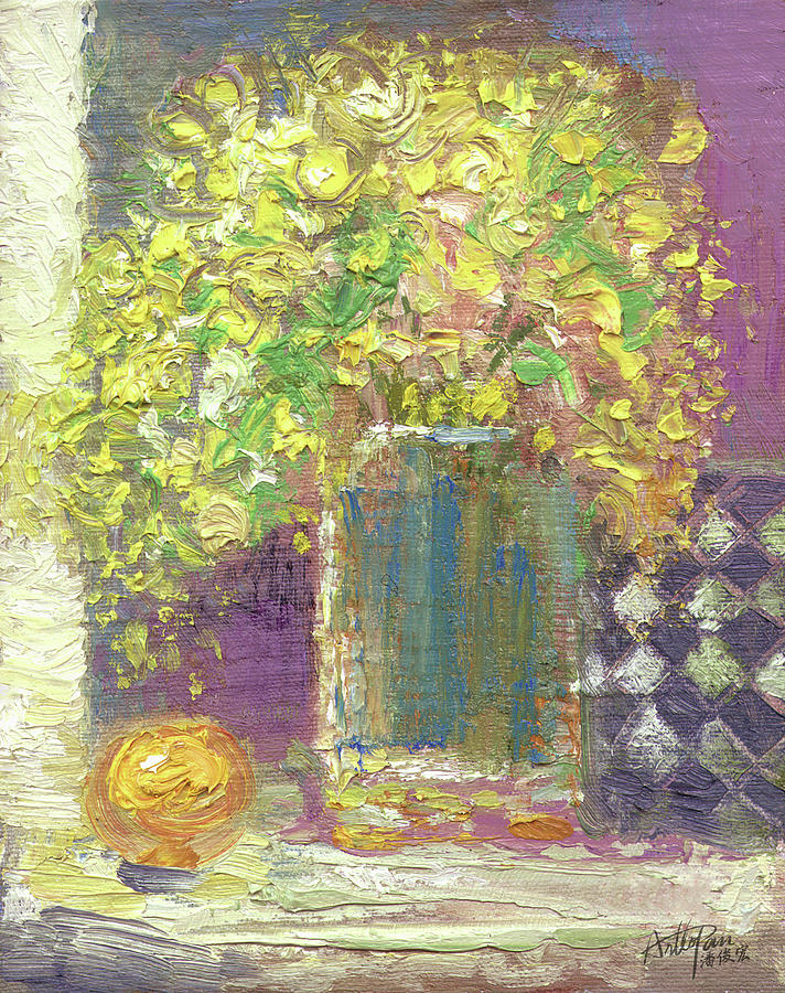 Flowers and orange-ArtToPan drawing-Freehand brushwork oil painting still life Painting by Artto Pan