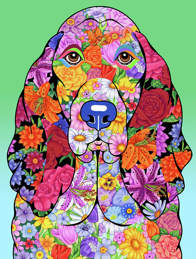 Animal Mixed Media - Flowers Basset Hound by Tomoyo Pitcher