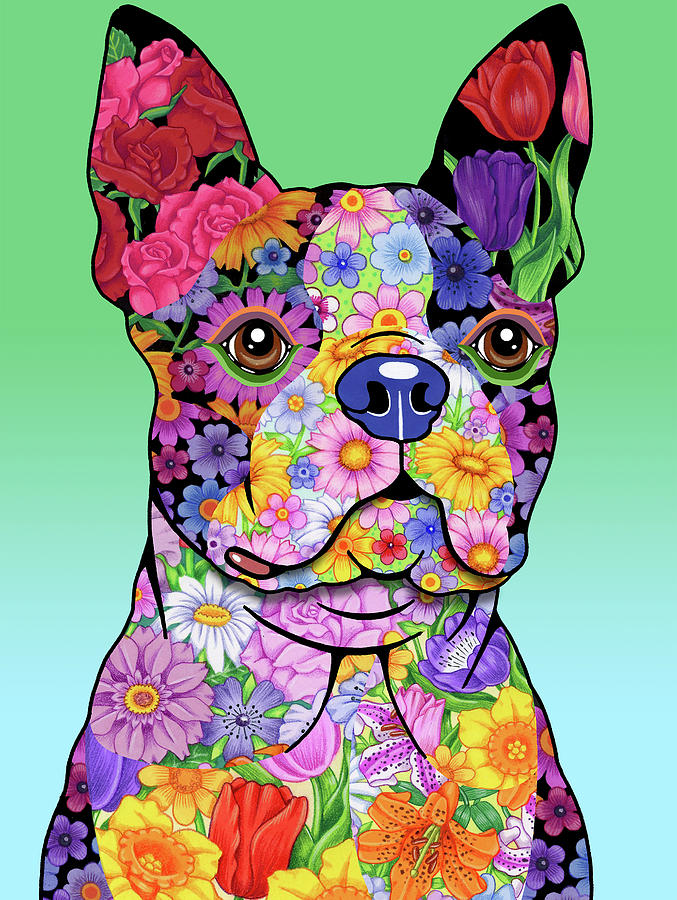 Dog Mixed Media - Flowers Boston Terrier by Tomoyo Pitcher
