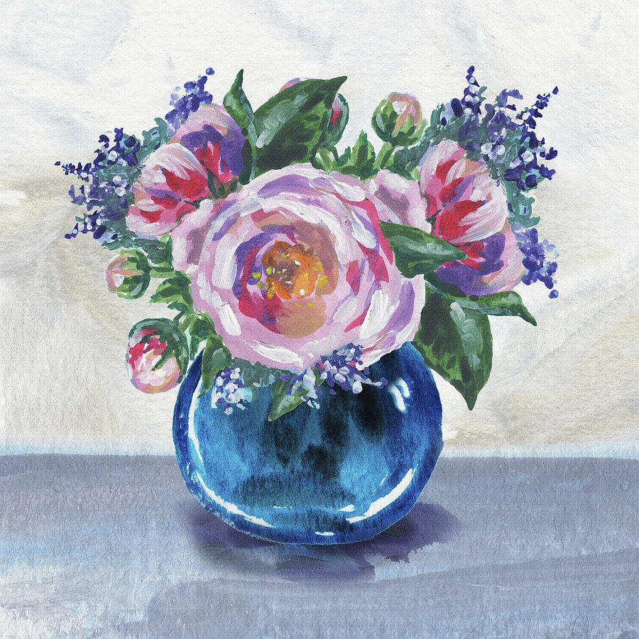 Flowers Bouquet In Blue Vase Floral Impressionism Painting